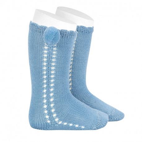  Calcetines altos perlé calado con pompon lateral AZULADO