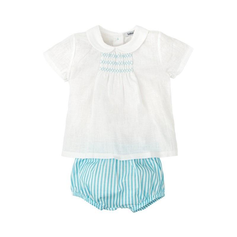 Conjunto bebé blusa con nido de abeja y cubrepañal rayas
