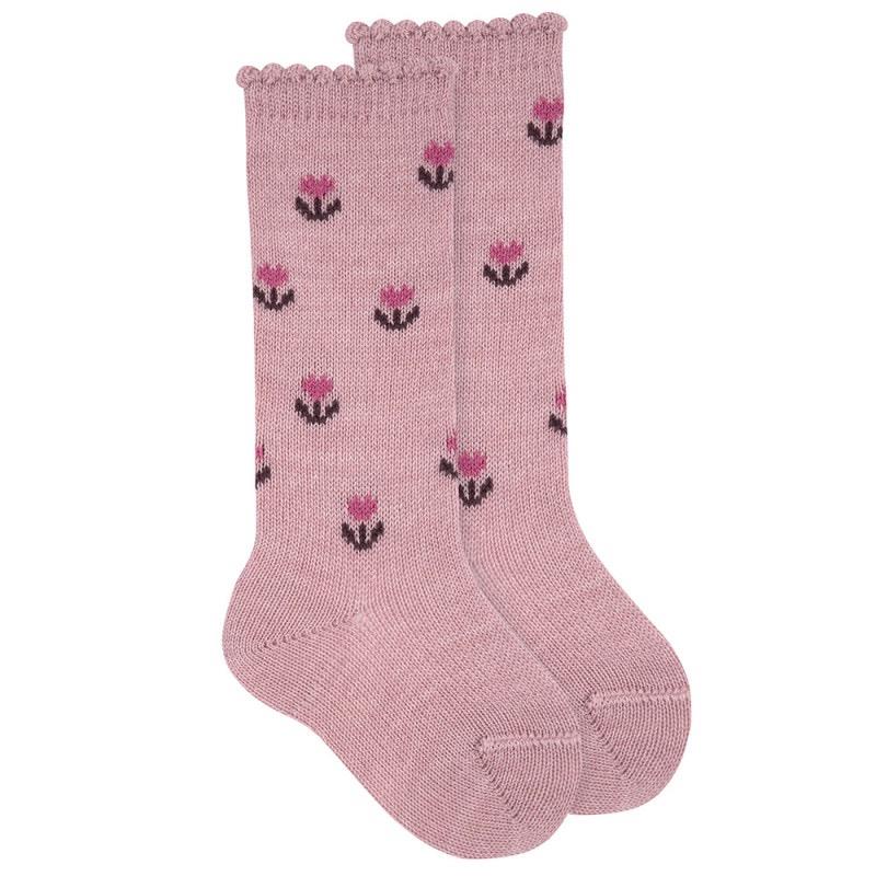Calcetines altos mezcla lana merino con flores ROSA LAVANDA