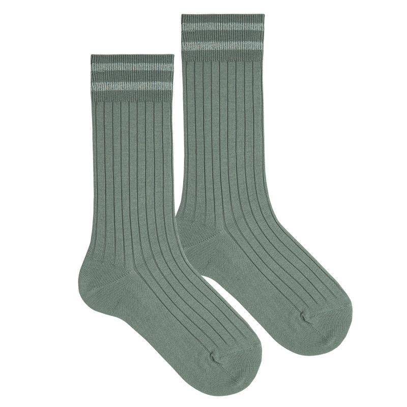 Calcetines altos canalé, dos listas hilo brillante VERDE LIQUEN